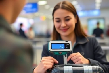 Traveler using luggage scale at airport