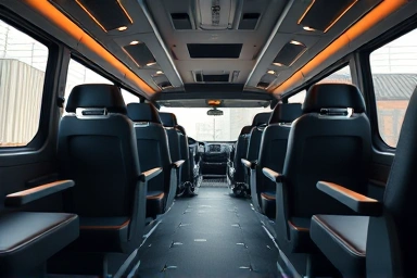 Luxurious premium express bus seat with footrest and recline.