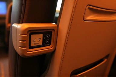 Premium bus seat controls: charging port, touch screen, privacy.