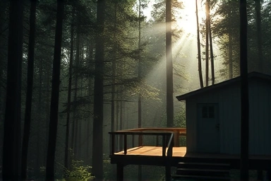 Serene cabin in a quiet, sun-dappled forest.