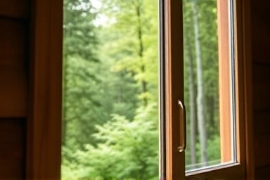Close-up of soundproof window in a forest cabin.