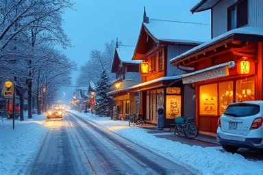 Magical winter scene in Sapporo, Japan, with snow and warm lights.