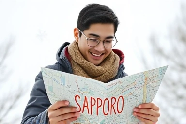 Traveler planning a budget-friendly Sapporo winter trip with a map.