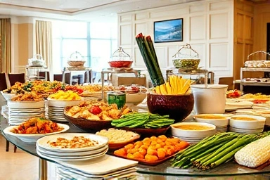 Luxurious hotel breakfast buffet with diverse food.