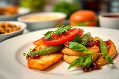 Exquisite hotel breakfast dish, close-up, emphasizing quality.