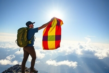 Backpacker celebrating on mountain with sports towel
