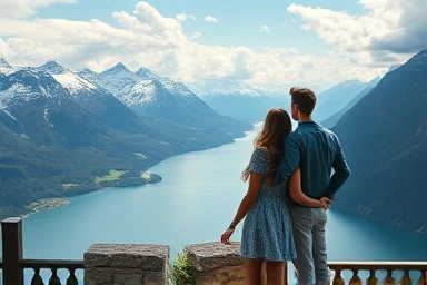 Couple enjoying Swiss Alps honeymoon view