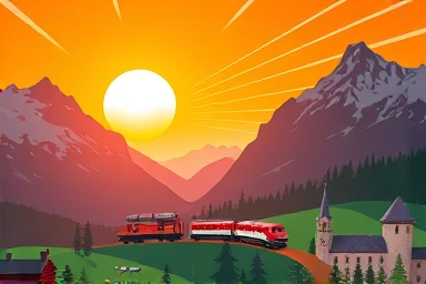 Swiss landscape with train and museum icons