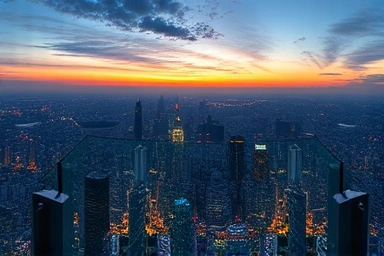 Panoramic Tokyo cityscape view from high observation deck at sunset.