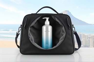 Minimalist travel bag with single all-in-one wash bottle.