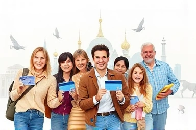 Travelers with smart travel cards and global landmarks.