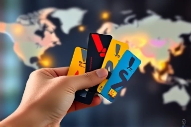 Hand comparing stylized travel cards with world map.