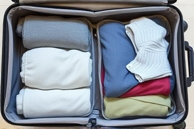 Organized suitcase interior with compressed clothes in pouches.