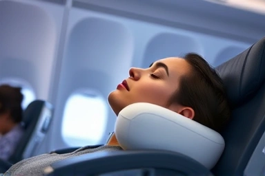 Comfortable sleep on airplane with memory foam neck pillow