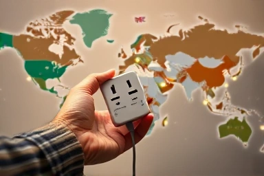 Traveler using a multi-adapter for global connectivity.