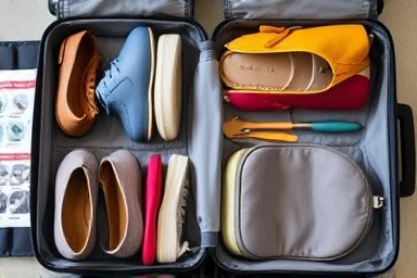 Organized suitcase with colorful shoe pouches for travel.