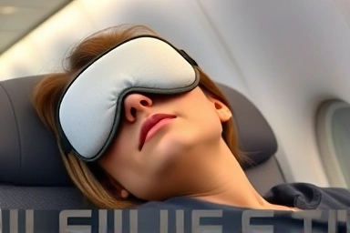Person sleeping comfortably on a plane with a sleep mask.