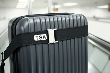 TSA lock belt securing a suitcase on an airport carousel.