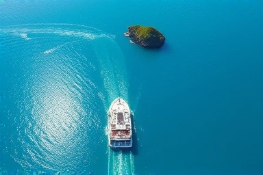Ferry sailing towards Ulleungdo island in clear blue sea