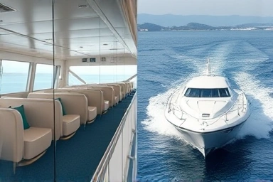 Comparison of ferry types: spacious vs. fast, with Ulleungdo in background