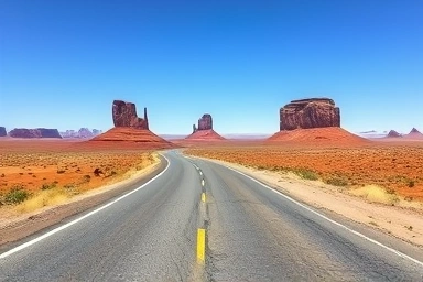 Majestic desert road trip landscape with rock formations.
