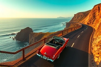 Scenic coastal highway drive with convertible car and ocean.