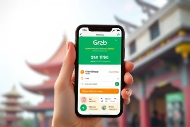 Grab app discount coupon on phone screen, Vietnam travel.