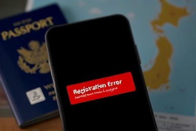 Smartphone showing Visit Japan Web registration error with passport and map.