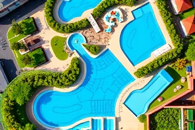 Modern water park aerial view, inviting blue pools and slides