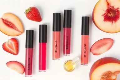 Lip tints, fresh fruit, and hydrating oil laid out artistically