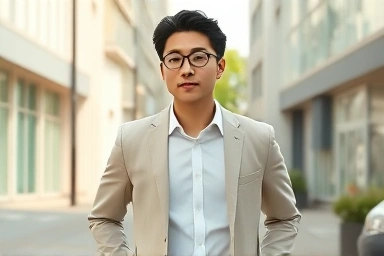 Young Korean man with confident aura, subtle pleasant fragrance visualization.