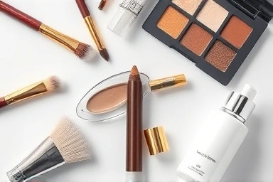Luxury makeup flat lay, ash-brown eyebrow mascara focus