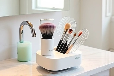 Automatic makeup brush cleaner in use with soft lighting.
