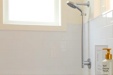 A clean and inviting shower scene with a body wash bottle.