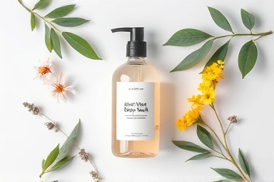 Vegan body wash bottle with natural ingredients.