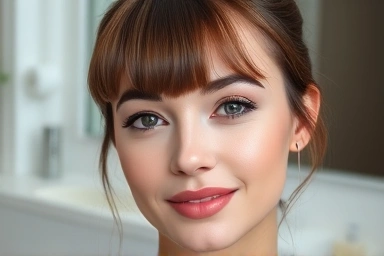 Woman with voluminous bangs, styled without heat.