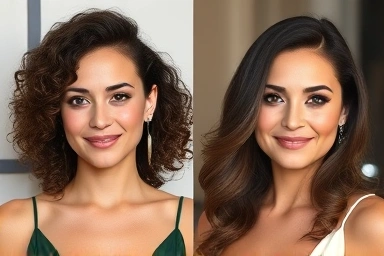 Woman with bouncy curls vs soft waves from magic curler.