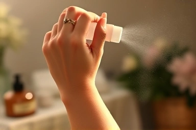 Woman's wrist spraying body mist on moisturized skin
