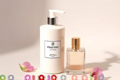 Body lotion, body mist, and perfume bottles arranged together