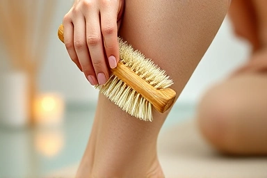 Dry brush on skin, promoting circulation and smoother skin texture.