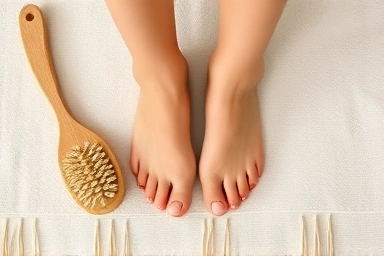 Serene self-care scene with dry brush and legs on a spa mat.