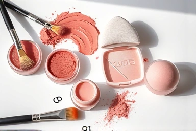Cream blush textures, brushes, and sponge arranged artistically
