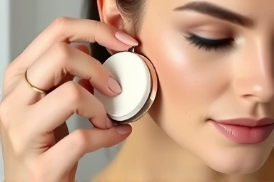 Expert hands applying thin layer of cushion makeup.