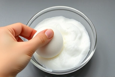 Hand gently cleaning makeup puff with foam