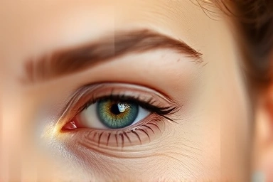 Natural brown eyeshadow on a woman's eye, subtle definition.
