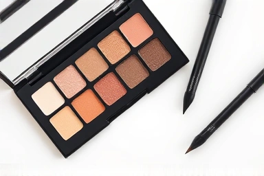 Neutral eyeshadow palette, eyeliner, and mascara for natural makeup.