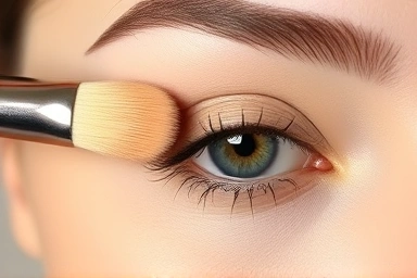 Cosmetic brush applying peach concealer under eye