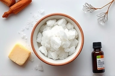 Aesthetic flat lay of dead sea salt scrub and natural ingredients.