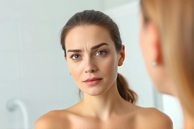 Woman with uneven eyebrows looking in mirror