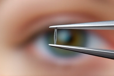Precision tweezers holding a single eyelash extension strand.